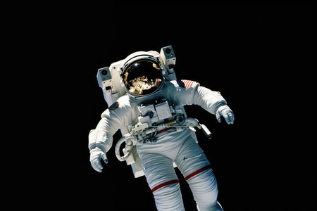 Astronaut in black suit exploring celestial galaxy and outer space.の素材