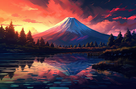 A serene mountain lake reflects the tranquil dawn sky.の素材