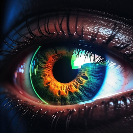 Intense green gaze, detailed eyelash, sensory perception.の素材