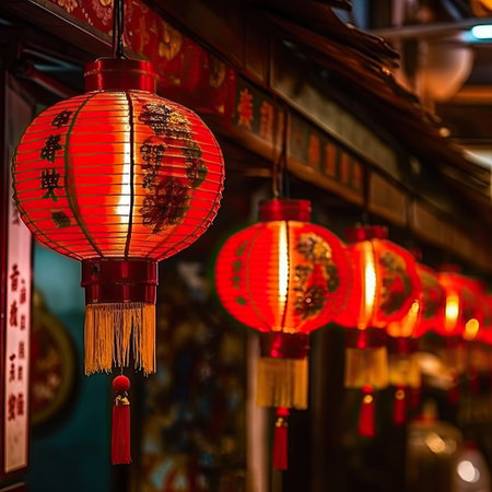 Traditional Chinese lanterns illuminate a festive, cultural celebration event.の素材