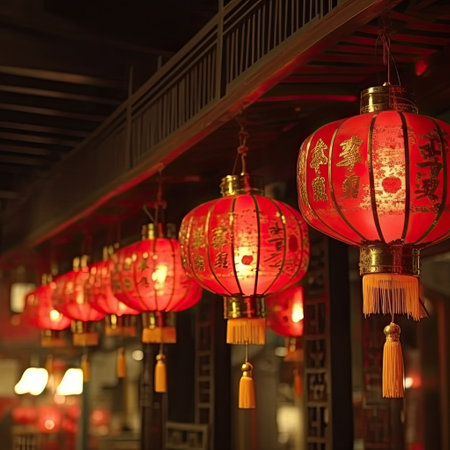 Illuminated Chinese lanterns for festive celebration of tradition.の素材