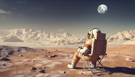 A happy individual sitting in an arid desert landscape under the sky.の素材