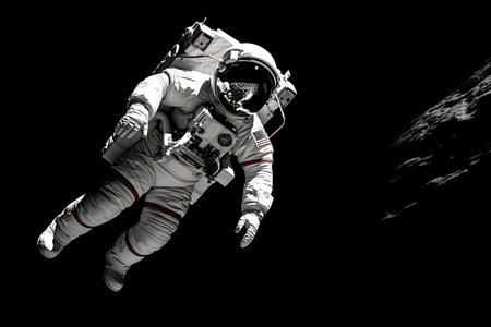 An astronaut in dark space with a crowd of people.の素材