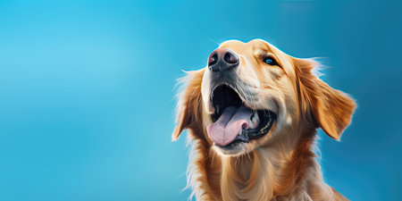 Golden retriever portrait on blue background with copy space.の素材