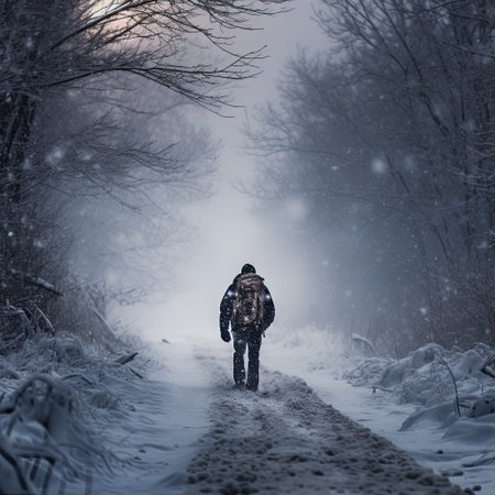 Nighttime Winter Hike Through Icy Forest with Crowded Treesの素材
