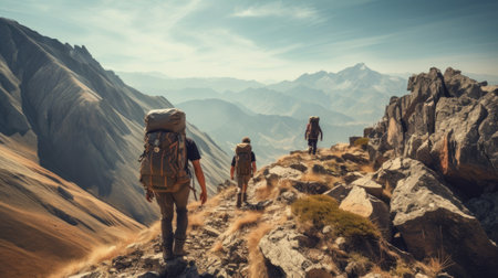 Exploring a Panoramic Mountain Landscape with a Group of Adventurous Peopleの素材
