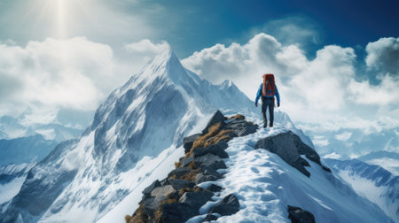 A Person Climbing a Snowcapped Mountain in Winterの素材