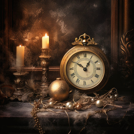 Burning Candle Illuminating Dark Room with Clock and Watchの素材