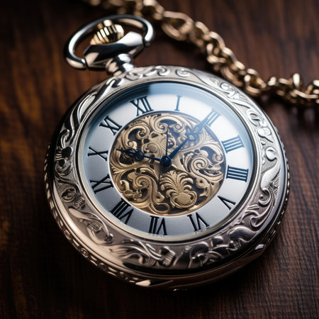 Close-up of Metal Pocket Watch as Instrument of Timeの素材