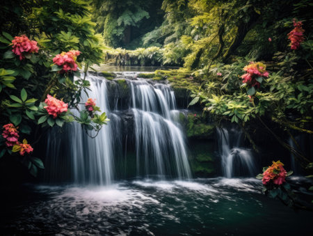 Serene Autumn Landscape with Flowing Water and Colorful Foliageの素材
