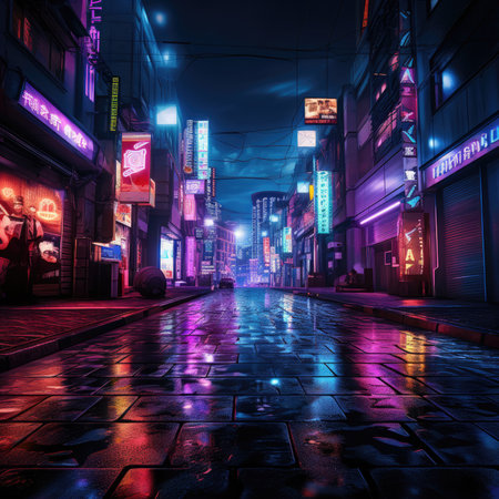Illuminated City Street in the Rain at Nightの素材