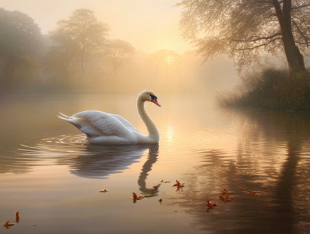 Morning Reflection of a Swan Swimming in a Tree-Lined Lakeの素材