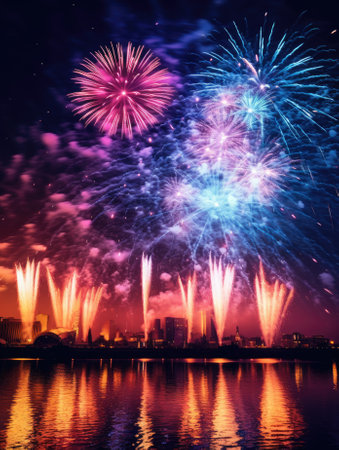 Festive Fireworks Illuminating Night Sky over Waterの素材