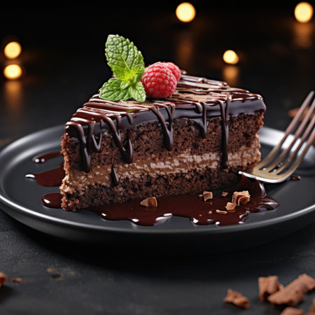 Delicious Chocolate Brownie and Berry Birthday Cake on a Plateの素材