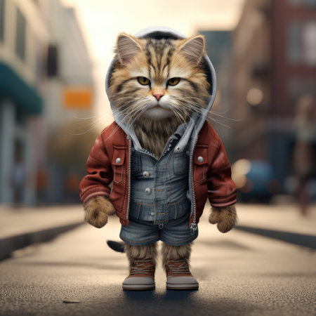 Front View of a Domestic Cat in an Urban Cityscapeの素材