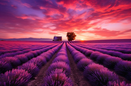 Tranquil Lavender Field with Blooming Flowers and Colorful Skyの素材