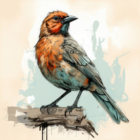 Hand drawn illustration of a red-headed robin on a branchの素材