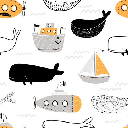 Vector hand-drawn colored childish seamless repeating simple flat pattern with whales and boats in scandinavian style on a white background. Cute baby animals. Pattern for kids with whales.のイラスト素材