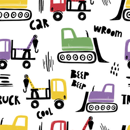 Vector hand-drawn seamless repeating children simple pattern with cars in Scandinavian style on a white background. Kids seamless pattern with building equipment. Funny construction transportのイラスト素材