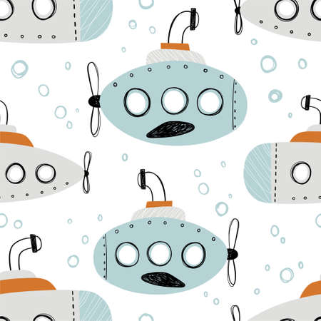 Vector hand-drawn color seamless repeating childish simple pattern with cute submarines in Scandinavian style on a white background. Childrens pattern with ships. Sea print. Submarine.のイラスト素材