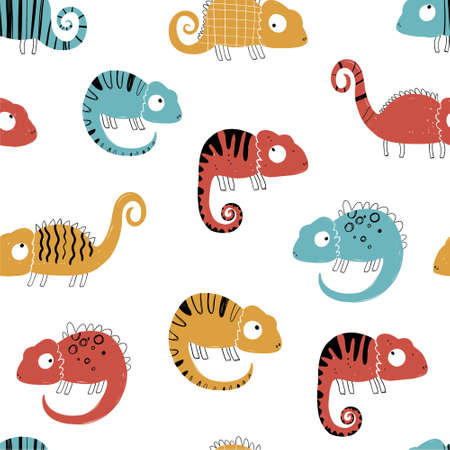 Vector hand-drawn colored childish seamless repeating simple flat pattern with chameleons in scandinavian style on a white background. Cute baby animals. Pattern for kids with chameleon. Lizard.のイラスト素材