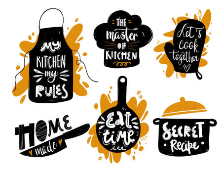 Hand written vector cooking lettering set on white background. Vector cooking lettering set with kitchenware silhouette. Design concept for cooking classes, courses, food studio, cafe, restaurant.のイラスト素材