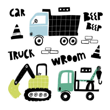 Vector hand-drawn color childrens set with illustration, poster, print with a cute trucks and lettering in Scandinavian style on a white background. Building equipment. Funny construction transport.のイラスト素材