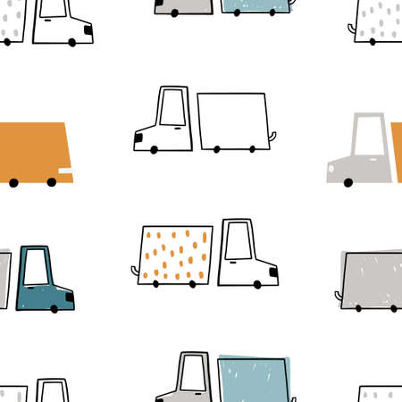 Vector hand-drawn color seamless repeating children simple pattern with cute cars in Scandinavian style on a white background. Childrens pattern with cars. Transport. Roadのイラスト素材