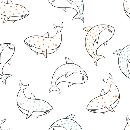 Vector hand-drawn colored childish seamless repeating simple doodle pattern with sharks in scandinavian style on a white background. Cute baby animals. Pattern for kids with sharks. Sea. Underwater.のイラスト素材