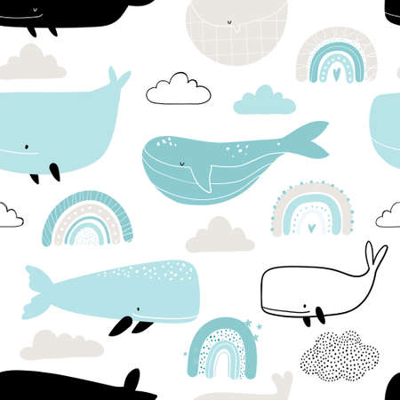 Vector hand-drawn colored childish seamless repeating simple pattern with whales, clouds and rainbows in scandinavian style on a white background. Cute baby animals. Pattern for kids with whales.のイラスト素材
