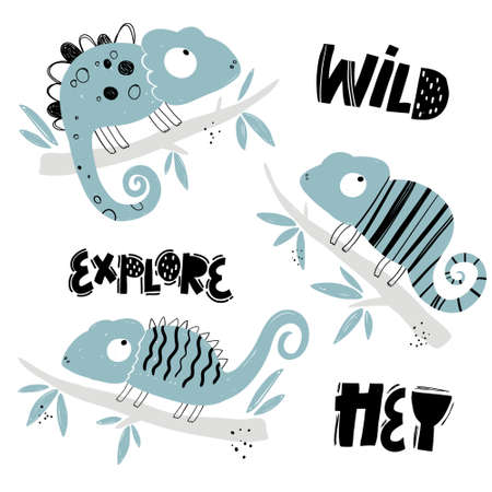 Vector hand-drawn colored childish set with chameleons in scandinavian style on a white background. Cute baby animals. Lizard. Greeting card design. Trendy scandinavian print.のイラスト素材