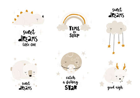 Child vector set with cute sleeping animals, clouds, moon, rainbow and hand drawn text. Creative kids prints for fabric, textile, wallpaper, apparel. Kid print with lettering. Greeting card design.のイラスト素材
