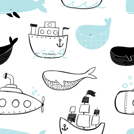 Vector hand-drawn colored childish seamless repeating simple flat pattern with whales and boats in scandinavian style on a white background. Cute baby animals. Pattern for kids with whales.のイラスト素材