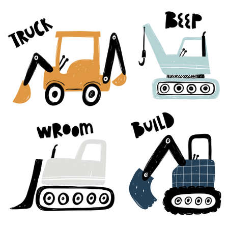 Vector hand-drawn color childrens set with illustration, poster, print with a cute trucks and lettering in Scandinavian style on a white background. Building equipment. Funny construction transport.のイラスト素材