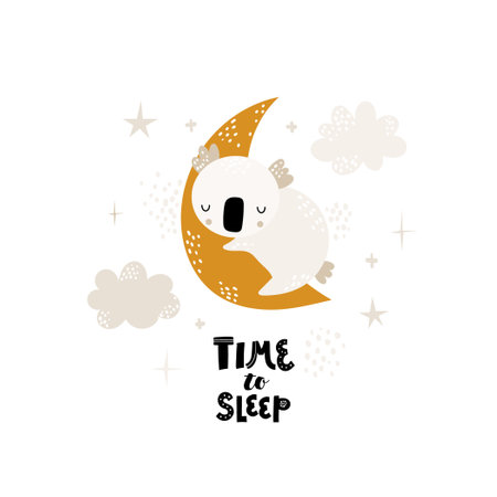 Child illustration with cute sleeping koala and hand drawn text. Vector funny animal for baby graphic suit printing. Kid print with lettering - time to sleep.Greeting card design. Scandinavian design.のイラスト素材