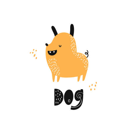 Child poster with cute dog and hand drawn text. Vector funny animal for baby graphic suit printing. Kid print with lettering - dog. Greeting card design. Trendy scandinavian vector print. Pets.のイラスト素材