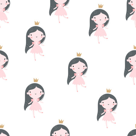 Vector hand-drawn colored childrens seamless repeating pattern with cute girls princesses in a dress with a crown on a white background. Creative kids texture for fabric, wrapping, textile, wallpaper.のイラスト素材