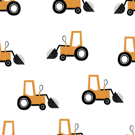 Vector hand-drawn seamless repeating children simple pattern with cars in Scandinavian style on a white background.Kids seamless pattern with building equipment. Funny construction transportのイラスト素材