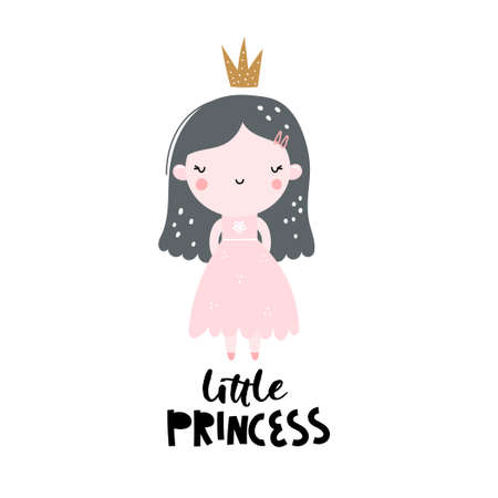 Vector hand-drawn colored childrens illustration with cute girl princess in a pink dress with a crown on a white background. Creative scandinavian kids print with lettering. Little princess.のイラスト素材