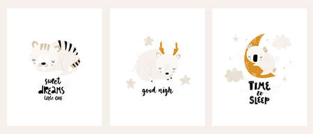 Child vector set with cute greeting card design with sleeping animals, clouds, moon, stars and hand drawn text. Creative kids prints for fabric, textile, wallpaper, apparel. Kid print with lettering.のイラスト素材