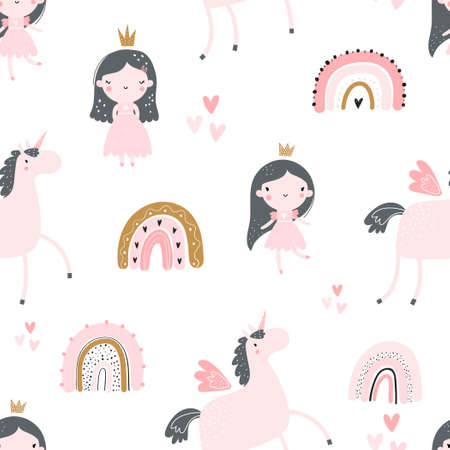 Vector hand-drawn colored childrens seamless repeating pattern with cute girls princesses in a dress with a crown, unicorns and rainbows on a white background. Creative kids trendy cute texture.のイラスト素材