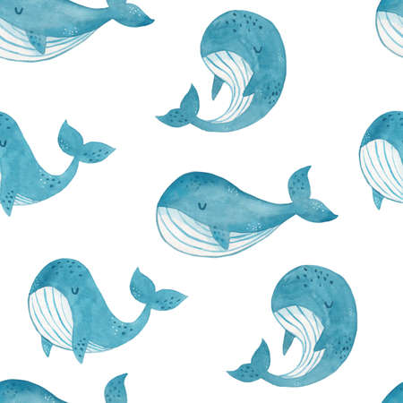 Watercolor cute hand drawn seamless pattern with whales on white background. Watercolor texture in childish style great for fabric and textile, wallpapers, backgrounds. Underwater.の写真素材