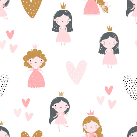 Vector hand-drawn colored childrens seamless repeating pattern with cute girls princesses in a dress with a crown on a white background. Creative kids texture for fabric, wrapping, textile, wallpaper.のイラスト素材
