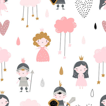Vector hand-drawn colored childrens seamless repeating pattern with cute princess, hearts, knights and clouds on a white background. Creative kids texture for fabric, wrapping, textile, wallpaper.のイラスト素材