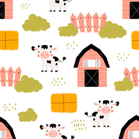 Vector hand-drawn seamless childish simple pattern with cute cows. Farm pattern. Cute landscape background with cows. Trendy scandinavian vector background perfect for kids apparel, fabric, textileのイラスト素材