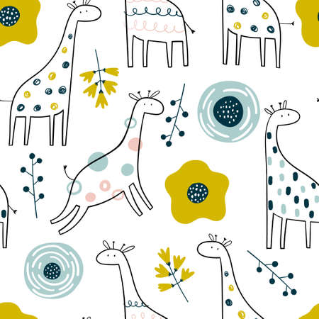 Vector hand-drawn colored childish seamless repeating simple pattern with cute giraffes and flowers in scandinavian style on a white background. Cute baby animals. Pattern for kids with giraffes.のイラスト素材