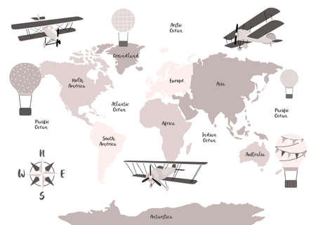 Vector world map for kids with cute cartoon planes and air balloons. Childrens map design for wallpaper, kids room, wall art. America, Europa, Asia, Africa, Australia, Arctica. Vector illustration.のイラスト素材