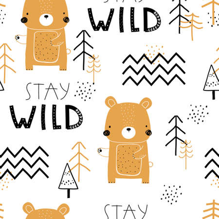 Vector hand-drawn colored childrens seamless repeating pattern with cute bears, trees, lettering on a white background. Creative kids forest texture for fabric, wrapping, textile, wallpaper, apparel.のイラスト素材