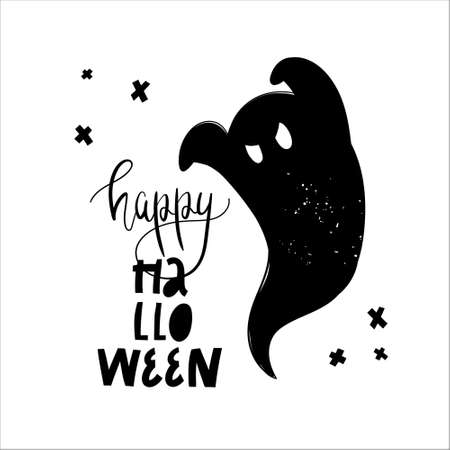Happy Halloween lettering. Flying ghost spirit. Cute cartoon spooky character sketch. Vector design for greeting card and invitation of seasonal fall holidays, halloween.のイラスト素材