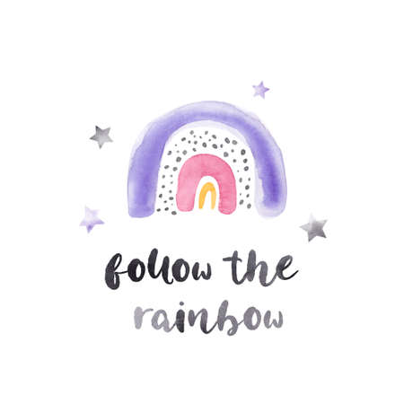 Watercolor hand-drawn color childish simple illustratoin for kids with cute rainbows and lettering in Scandinavian style on a white background. Baby print with rainbow. Follow the rainbow text.の写真素材